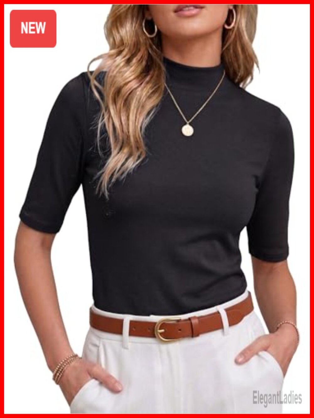 Mock Neck Short Sleeve Ribbed Knit Slim Fit Top